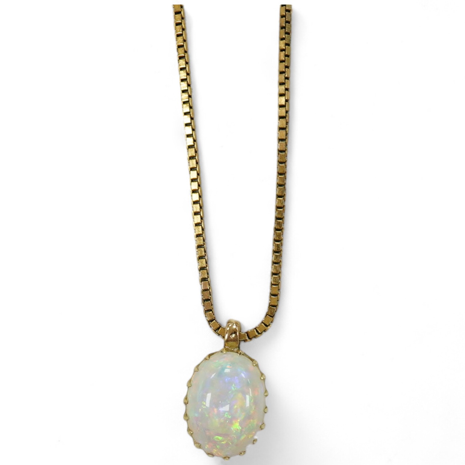 A modern 9kt and single stone oval cabochon white opal set pendant necklace, overall 36cm, gross weight 4.9 grams. Condition - fair to good